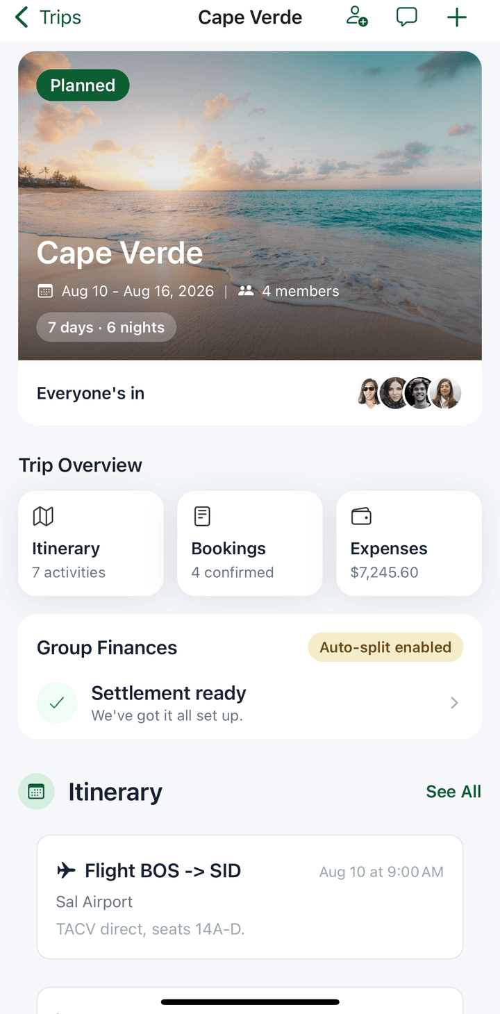 Tripsynk mobile app — home screen with trending destinations and your trips